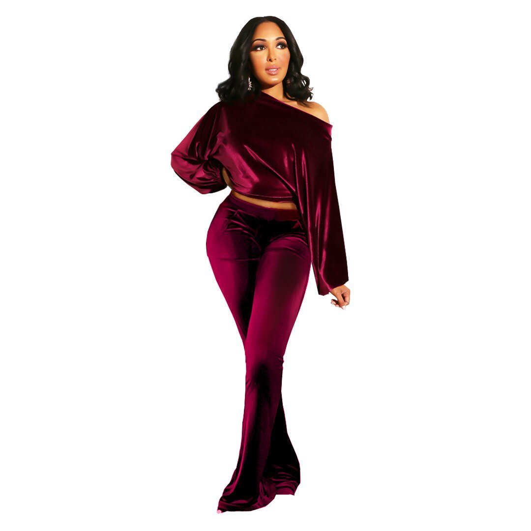 Autumn and Winter Women's Suit Pants Nightclub Sexy T-shirt Flannelette One Shoulder Slim Fit Elegant Women's 2 - piece Set - CarlastoreAutumn and Winter Women's Suit Pants Nightclub Sexy T-shirt Flannelette One Shoulder Slim Fit Elegant Women's 2 - piece SetCarlastoreCarlastore