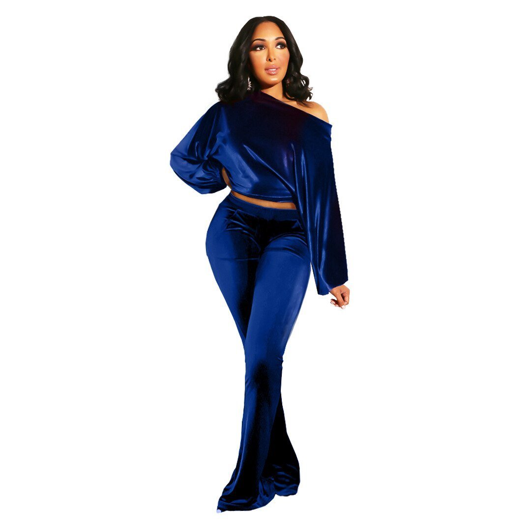 Autumn and Winter Women's Suit Pants Nightclub Sexy T-shirt Flannelette One Shoulder Slim Fit Elegant Women's 2 - piece Set - CarlastoreAutumn and Winter Women's Suit Pants Nightclub Sexy T-shirt Flannelette One Shoulder Slim Fit Elegant Women's 2 - piece SetCarlastoreCarlastore