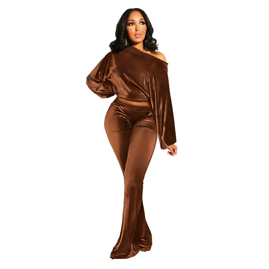 Autumn and Winter Women's Suit Pants Nightclub Sexy T-shirt Flannelette One Shoulder Slim Fit Elegant Women's 2 - piece Set - CarlastoreAutumn and Winter Women's Suit Pants Nightclub Sexy T-shirt Flannelette One Shoulder Slim Fit Elegant Women's 2 - piece SetCarlastoreCarlastore