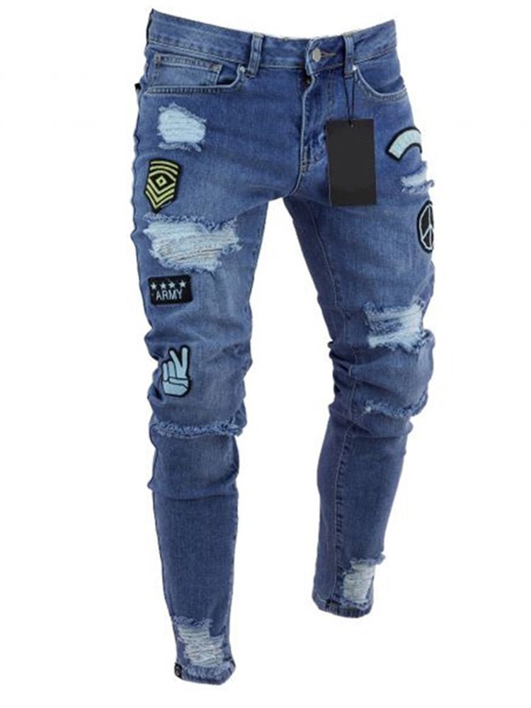 Men's Ripped jeans Badge Letters Hip - hop Skinny Jogging Denim Fashion Pencil Long Trousers Distressed Jeans For Men Clothing - CarlastoreMen's Ripped jeans Badge Letters Hip - hop Skinny Jogging Denim Fashion Pencil Long Trousers Distressed Jeans For Men ClothingCarlastoreCarlastore