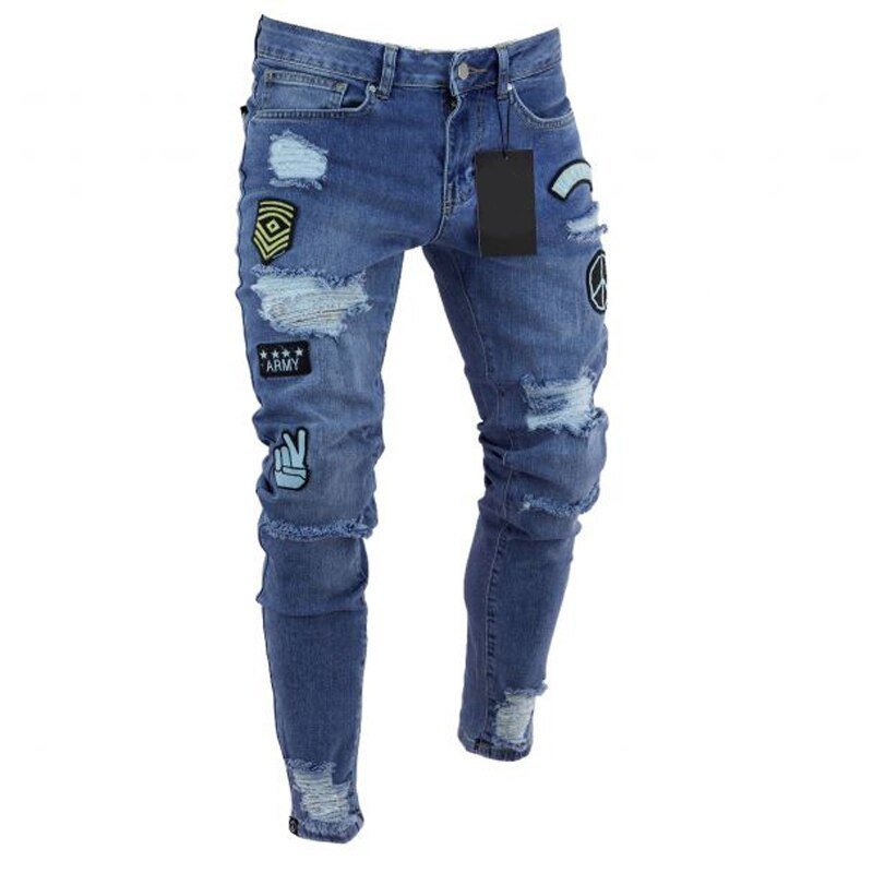 Men's Ripped jeans Badge Letters Hip - hop Skinny Jogging Denim Fashion Pencil Long Trousers Distressed Jeans For Men Clothing - CarlastoreMen's Ripped jeans Badge Letters Hip - hop Skinny Jogging Denim Fashion Pencil Long Trousers Distressed Jeans For Men ClothingCarlastoreCarlastore