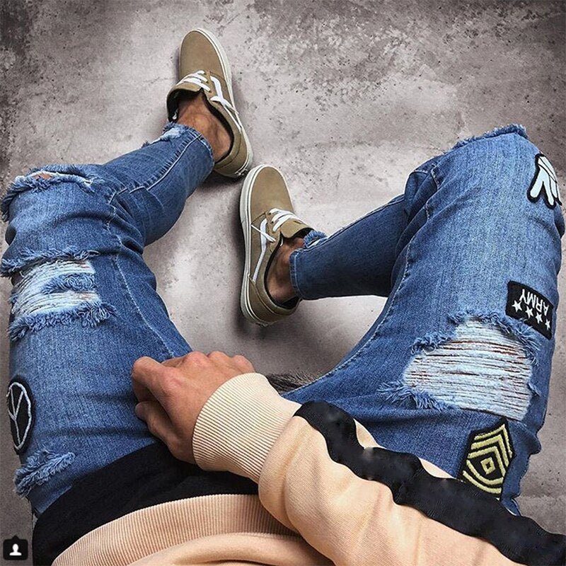 Men's Ripped jeans Badge Letters Hip - hop Skinny Jogging Denim Fashion Pencil Long Trousers Distressed Jeans For Men Clothing - CarlastoreMen's Ripped jeans Badge Letters Hip - hop Skinny Jogging Denim Fashion Pencil Long Trousers Distressed Jeans For Men ClothingCarlastoreCarlastore