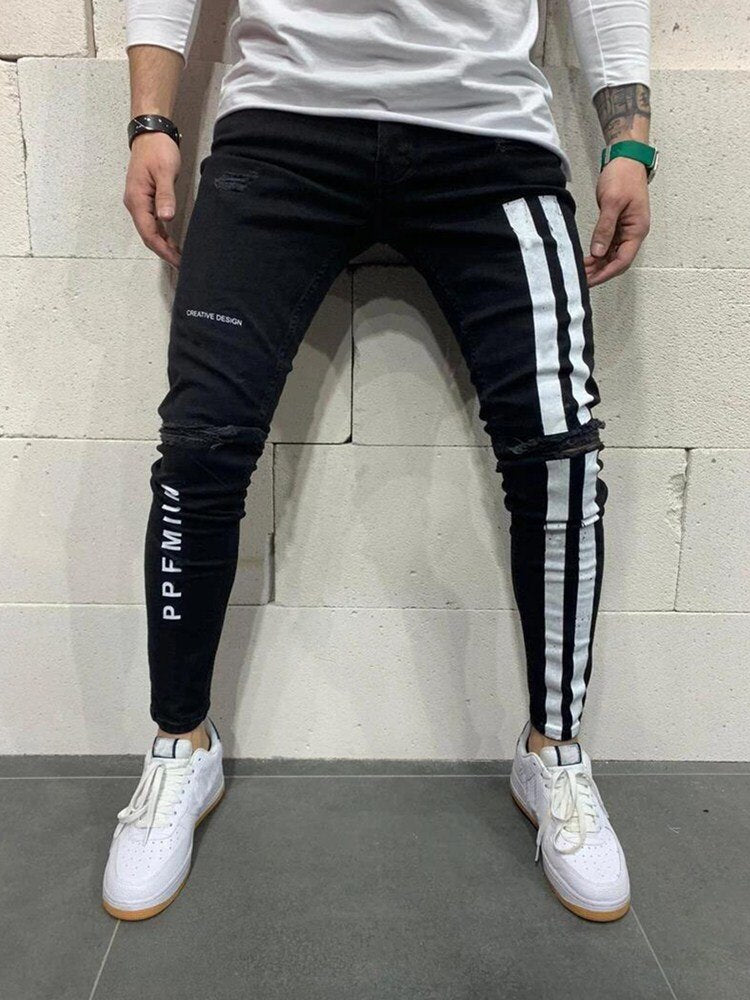 Men's Ripped jeans Badge Letters Hip - hop Skinny Jogging Denim Fashion Pencil Long Trousers Distressed Jeans For Men Clothing - CarlastoreMen's Ripped jeans Badge Letters Hip - hop Skinny Jogging Denim Fashion Pencil Long Trousers Distressed Jeans For Men ClothingCarlastoreCarlastore