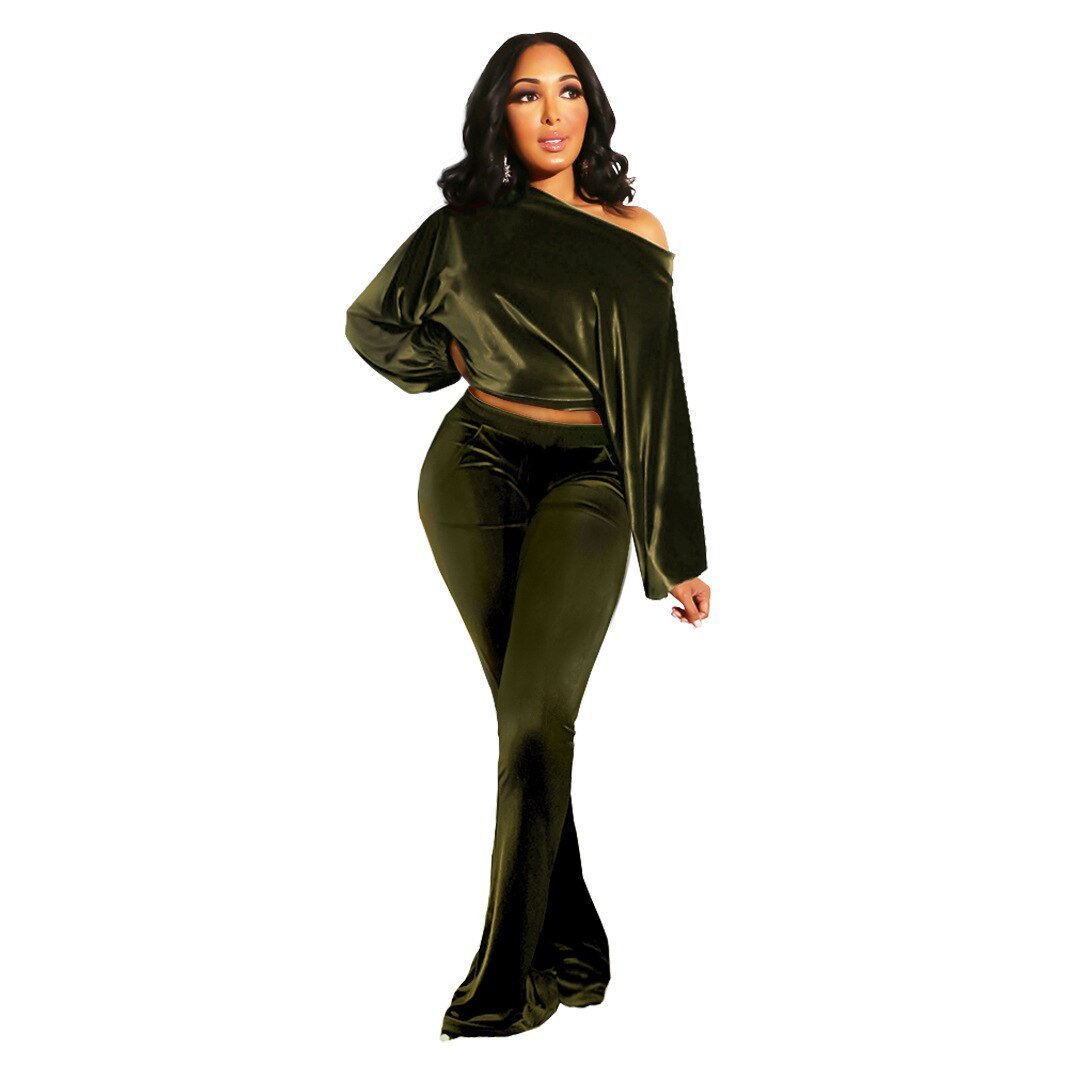 Autumn and Winter Women's Suit Pants Nightclub Sexy T-shirt Flannelette One Shoulder Slim Fit Elegant Women's 2 - piece Set - CarlastoreAutumn and Winter Women's Suit Pants Nightclub Sexy T-shirt Flannelette One Shoulder Slim Fit Elegant Women's 2 - piece SetCarlastoreCarlastore