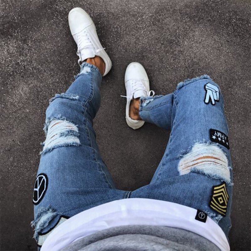 Men's Ripped jeans Badge Letters Hip - hop Skinny Jogging Denim Fashion Pencil Long Trousers Distressed Jeans For Men Clothing - CarlastoreMen's Ripped jeans Badge Letters Hip - hop Skinny Jogging Denim Fashion Pencil Long Trousers Distressed Jeans For Men ClothingCarlastoreCarlastore
