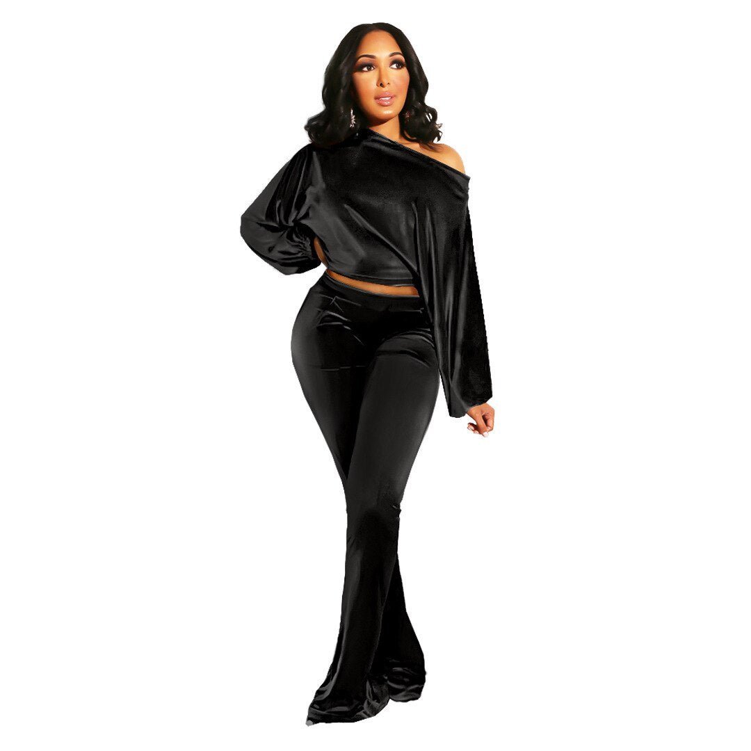 Autumn and Winter Women's Suit Pants Nightclub Sexy T-shirt Flannelette One Shoulder Slim Fit Elegant Women's 2 - piece Set - CarlastoreAutumn and Winter Women's Suit Pants Nightclub Sexy T-shirt Flannelette One Shoulder Slim Fit Elegant Women's 2 - piece SetCarlastoreCarlastore