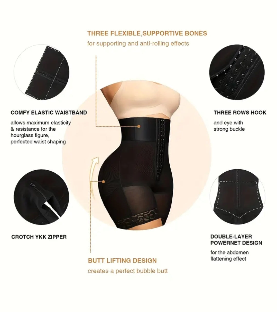 Gaine amincissante taille haute3 rangée de crochets pour femme avec bordure en dentelle, body shaper sans couture pour robe