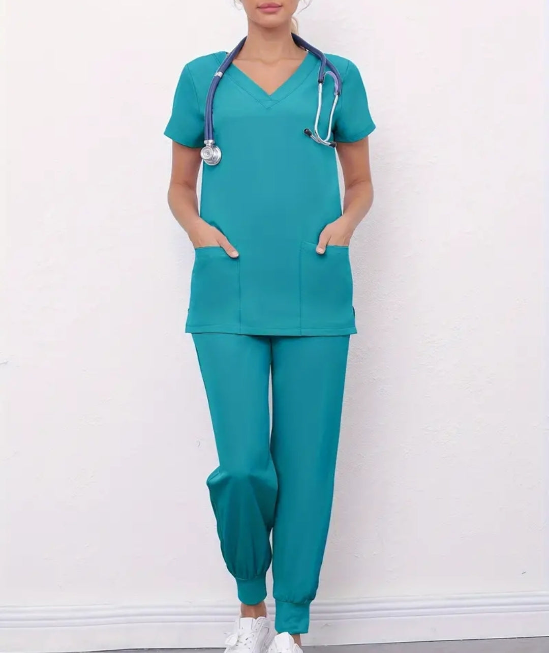 Ensemble deux pièces solides pour l'infirmière, haut à manche courtes à col en V et pantalon de jogging à cordon de serrage, vêtements pour femmes
