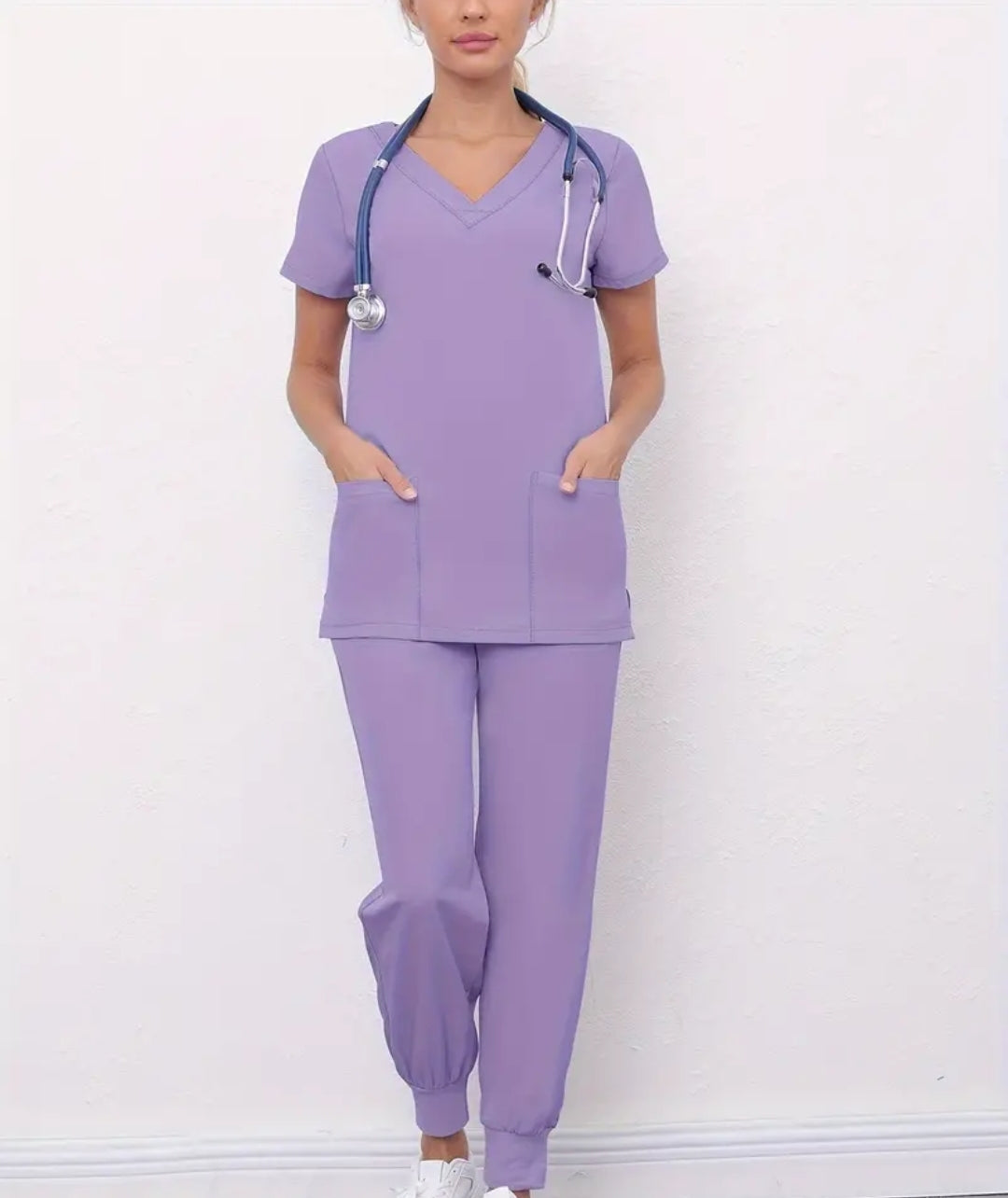 Ensemble deux pièces solides pour l'infirmière, haut à manche courtes à col en V et pantalon de jogging à cordon de serrage, vêtements pour femmes