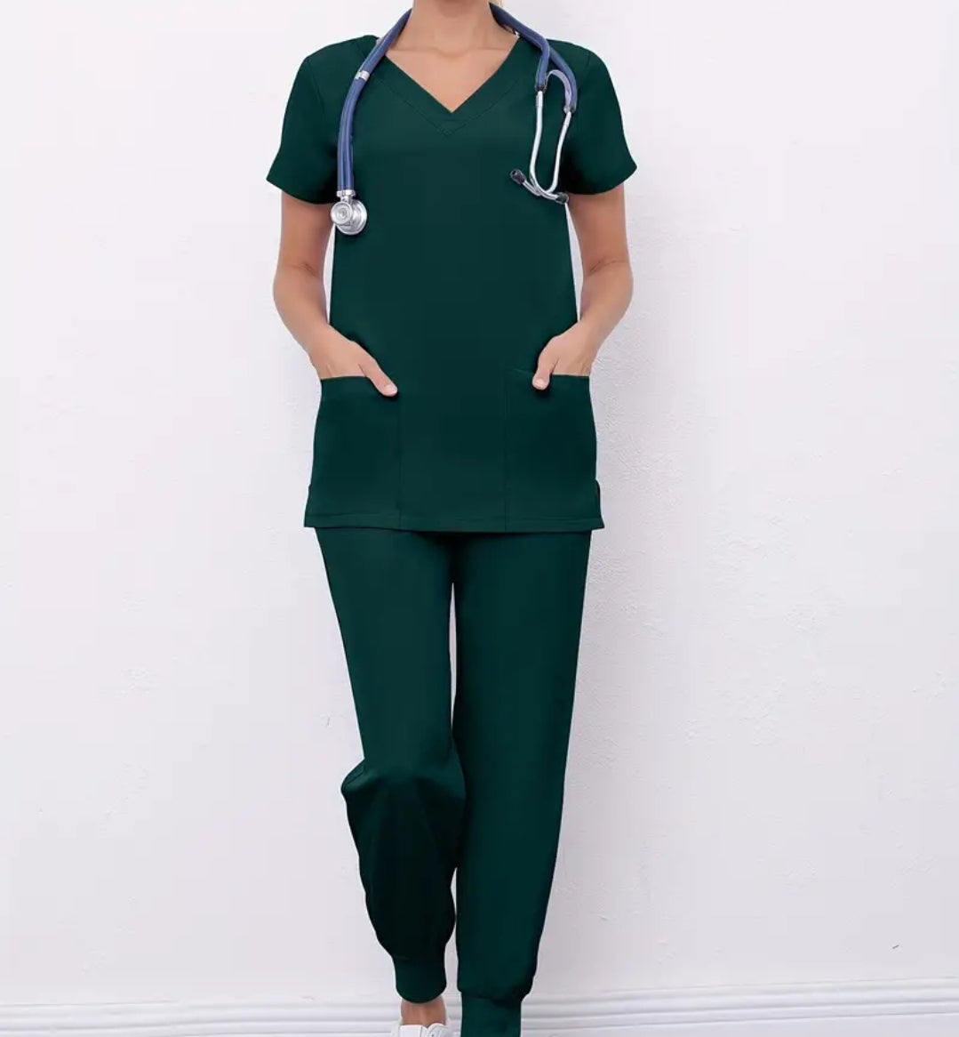 Ensemble deux pièces solides pour l'infirmière, haut à manche courtes à col en V et pantalon de jogging à cordon de serrage, vêtements pour femmes