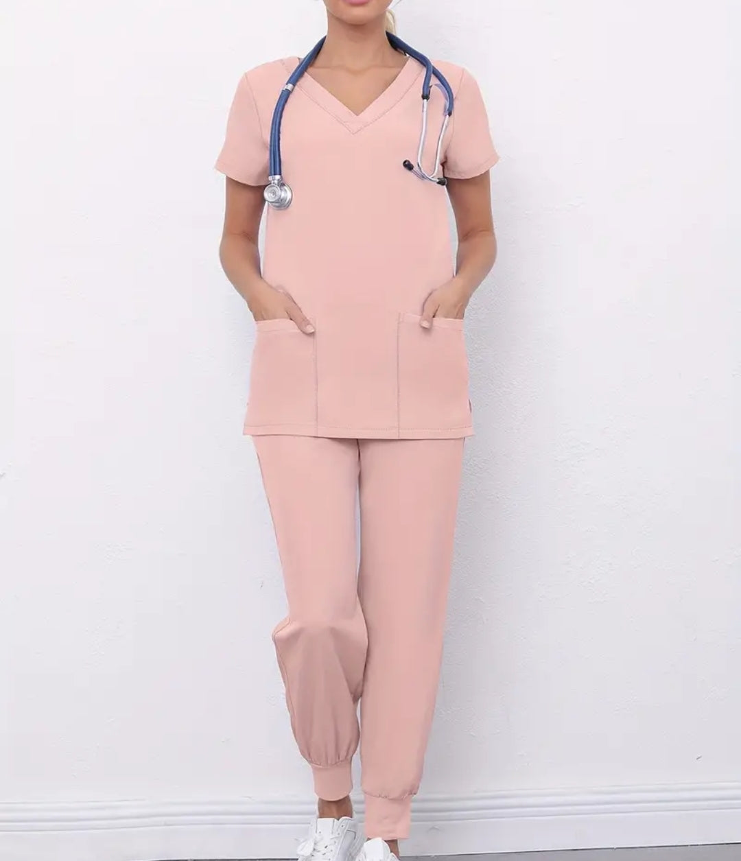 Ensemble deux pièces solides pour l'infirmière, haut à manche courtes à col en V et pantalon de jogging à cordon de serrage, vêtements pour femmes