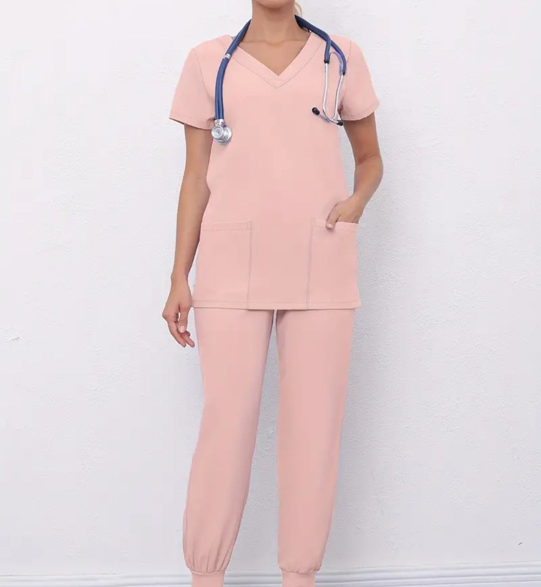 Ensemble deux pièces solides pour l'infirmière, haut à manche courtes à col en V et pantalon de jogging à cordon de serrage, vêtements pour femmes
