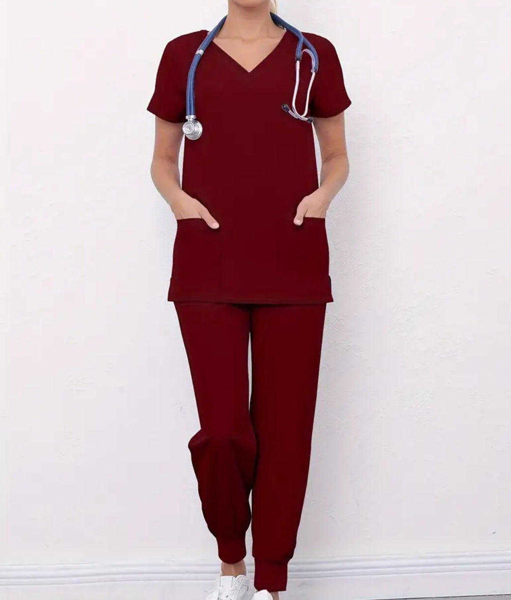Ensemble deux pièces solides pour l'infirmière, haut à manche courtes à col en V et pantalon de jogging à cordon de serrage, vêtements pour femmes