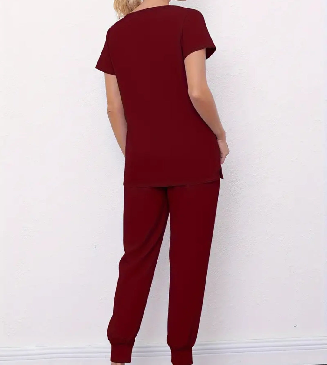 Ensemble deux pièces solides pour l'infirmière, haut à manche courtes à col en V et pantalon de jogging à cordon de serrage, vêtements pour femmes
