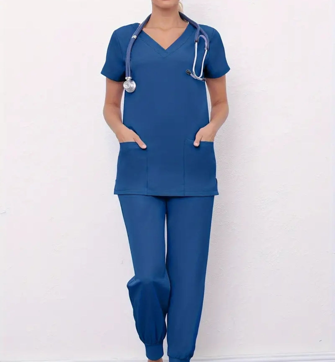 Ensemble deux pièces solides pour l'infirmière, haut à manche courtes à col en V et pantalon de jogging à cordon de serrage, vêtements pour femmes