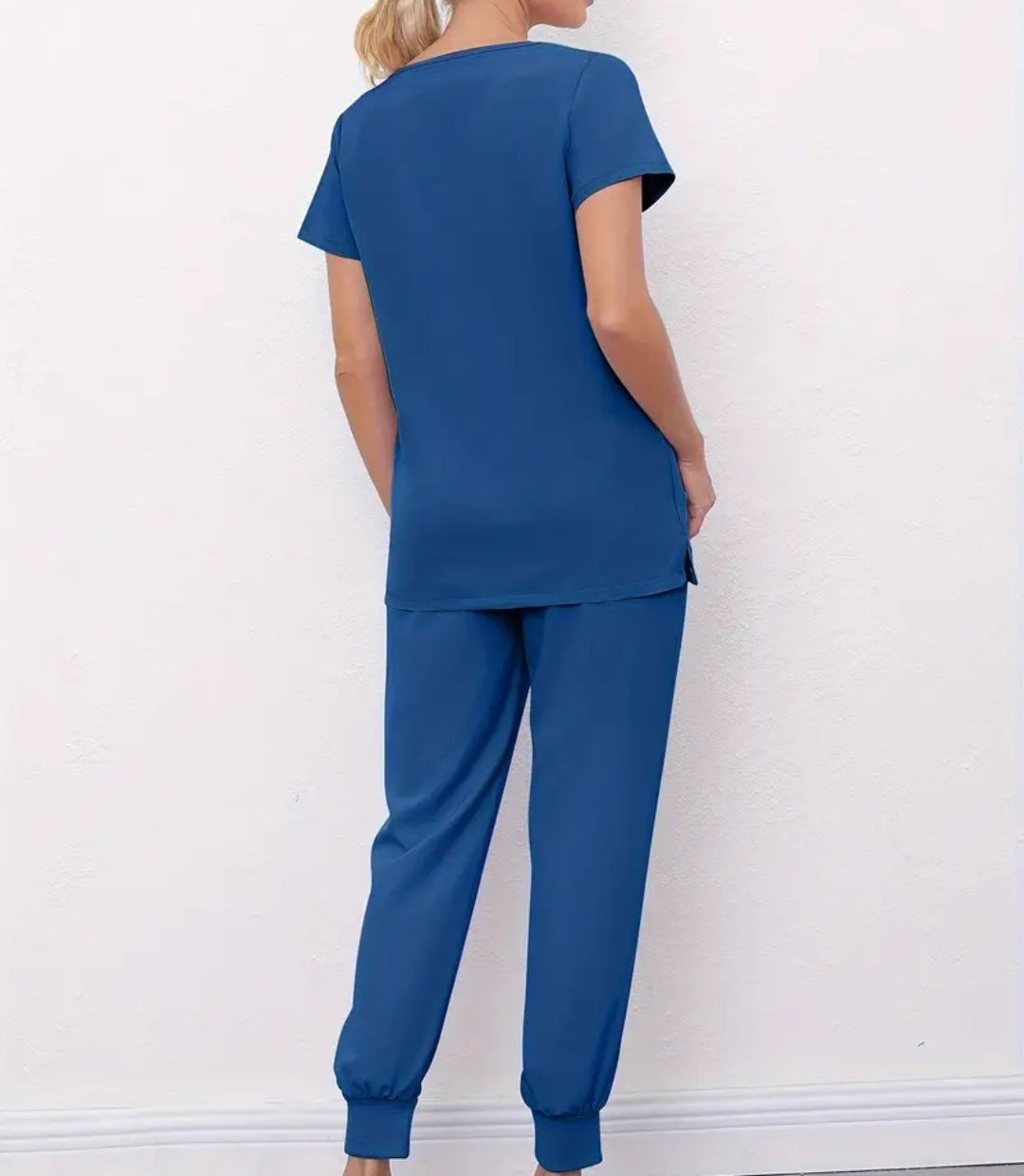 Ensemble deux pièces solides pour l'infirmière, haut à manche courtes à col en V et pantalon de jogging à cordon de serrage, vêtements pour femmes