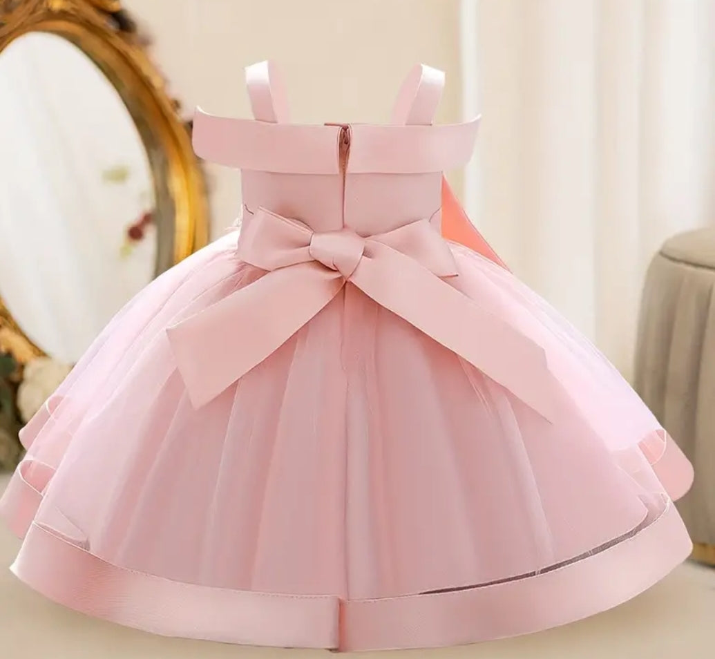 Robe camisole Élégante en broderie florales et empiècement en maille,ornée d'un noeuds papillon, sans manche pour bébé fille,pour une occasion formelle /fête d'anniversaire/séance photo