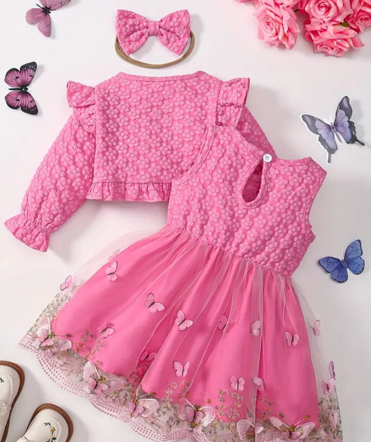 Ensemble adorable 3pcs pour filles, robe en maille de brodée papillons, haut court à volant et manche longue et bandeau à noeuds-parfait pour printemps/automne, idéal pour extérieure