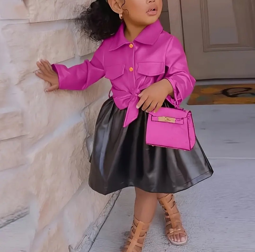 Robe en cuir d'unité central de bloc de couleur de revers de bouton de fille avec des vêtements d'enfants de ceinture - CarlastoreRobe en cuir d'unité central de bloc de couleur de revers de bouton de fille avec des vêtements d'enfants de ceintureCarlastoreCarlastore