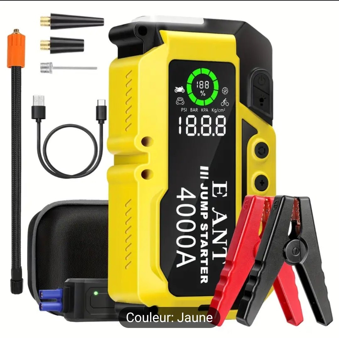 Démarreur de voiture portable et gonfleur de pneus, 4000 A batteries de démarrage de secours avec compresseurs d'air, pour le moteur à essence jusqu'à 2.64 gallons et diesel 2.11 gallons, 12V lithium jump box jumper start avec câble de démarrage de sécuri - CarlastoreDémarreur de voiture portable et gonfleur de pneus, 4000 A batteries de démarrage de secours avec compresseurs d'air, pour le moteur à essence jusqu'à 2.64 gallons et diesel 2.11 gallons, 12V lithium jump box jumper start avec câble