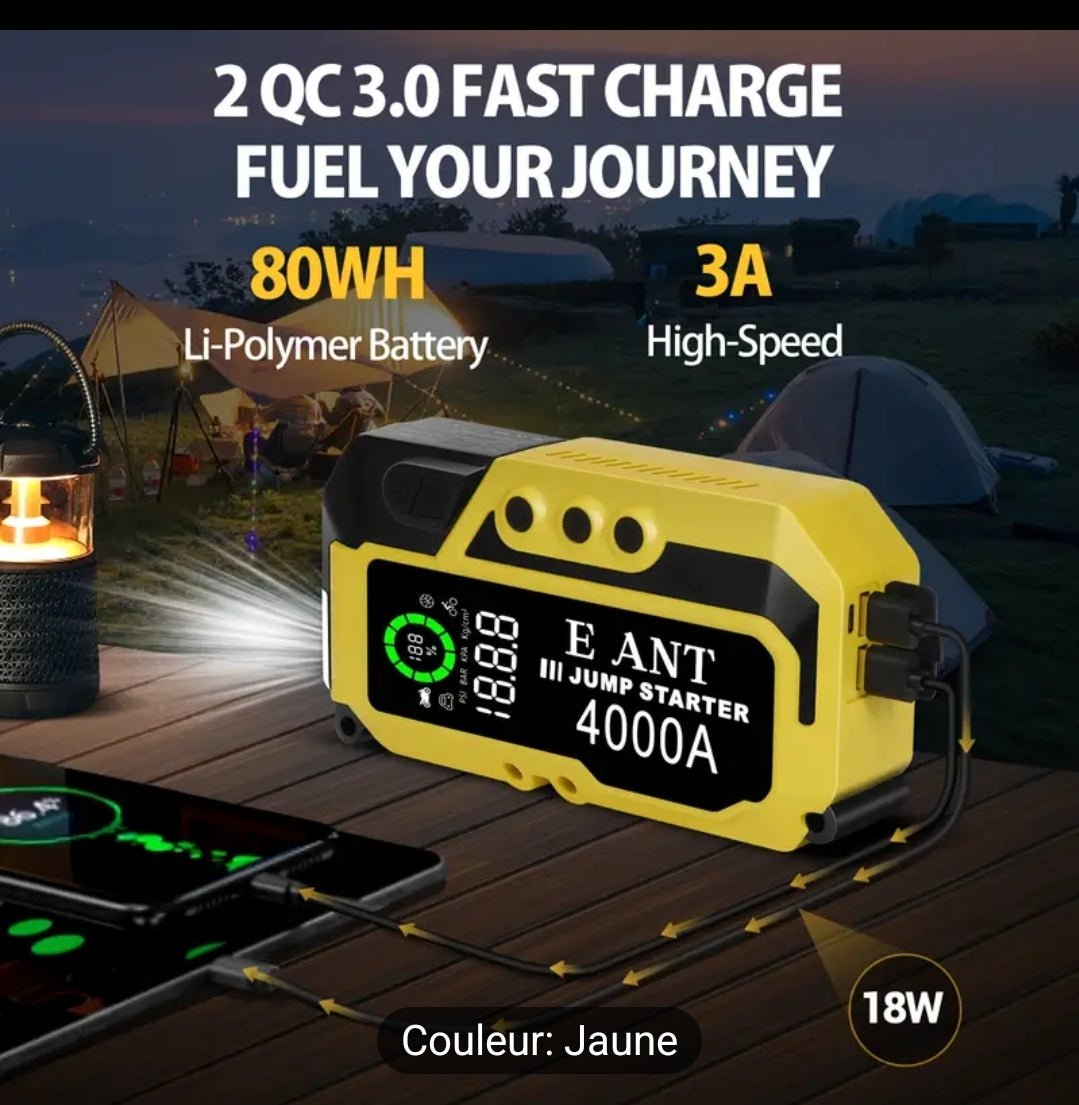 Démarreur de voiture portable et gonfleur de pneus, 4000 A batteries de démarrage de secours avec compresseurs d'air, pour le moteur à essence jusqu'à 2.64 gallons et diesel 2.11 gallons, 12V lithium jump box jumper start avec câble de démarrage de sécuri - CarlastoreDémarreur de voiture portable et gonfleur de pneus, 4000 A batteries de démarrage de secours avec compresseurs d'air, pour le moteur à essence jusqu'à 2.64 gallons et diesel 2.11 gallons, 12V lithium jump box jumper start avec câble