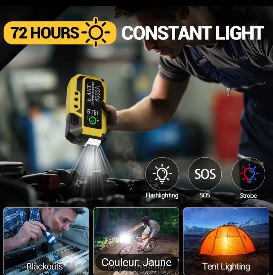 Démarreur de voiture portable et gonfleur de pneus, 4000 A batteries de démarrage de secours avec compresseurs d'air, pour le moteur à essence jusqu'à 2.64 gallons et diesel 2.11 gallons, 12V lithium jump box jumper start avec câble de démarrage de sécuri - CarlastoreDémarreur de voiture portable et gonfleur de pneus, 4000 A batteries de démarrage de secours avec compresseurs d'air, pour le moteur à essence jusqu'à 2.64 gallons et diesel 2.11 gallons, 12V lithium jump box jumper start avec câble