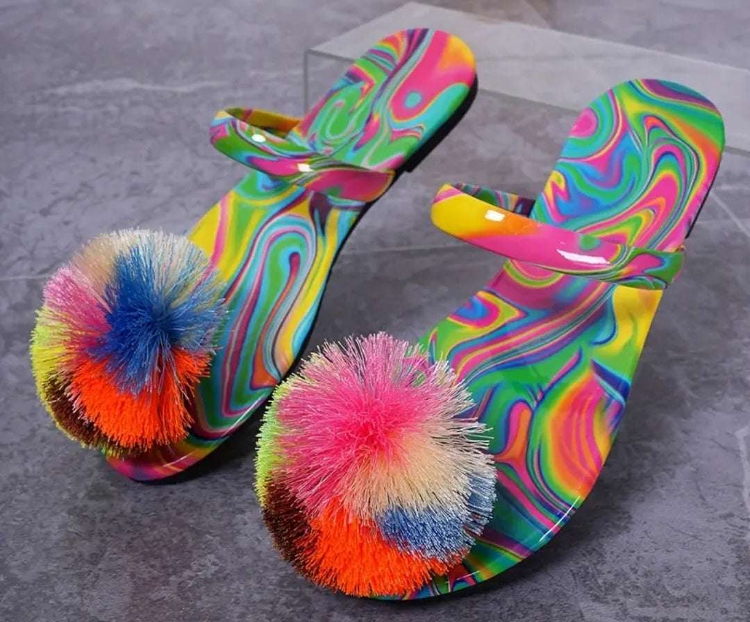 Sandales à fourrure coloré pour femmes,légères et plates à enfiler