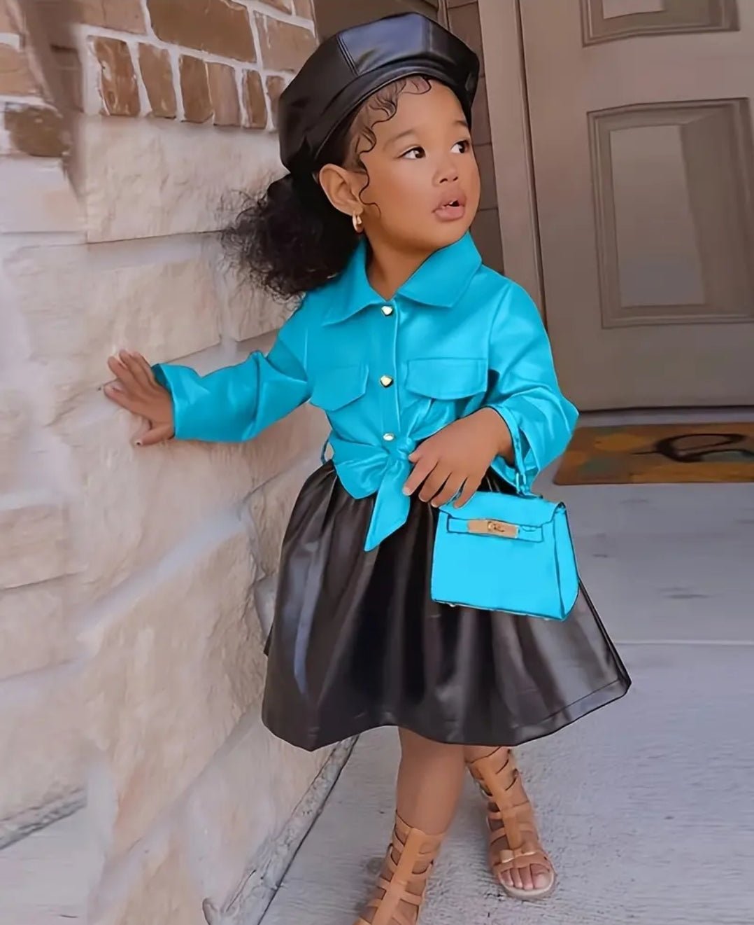 Robe en cuir d'unité central de bloc de couleur de revers de bouton de fille avec des vêtements d'enfants de ceinture - CarlastoreRobe en cuir d'unité central de bloc de couleur de revers de bouton de fille avec des vêtements d'enfants de ceintureCarlastoreCarlastore