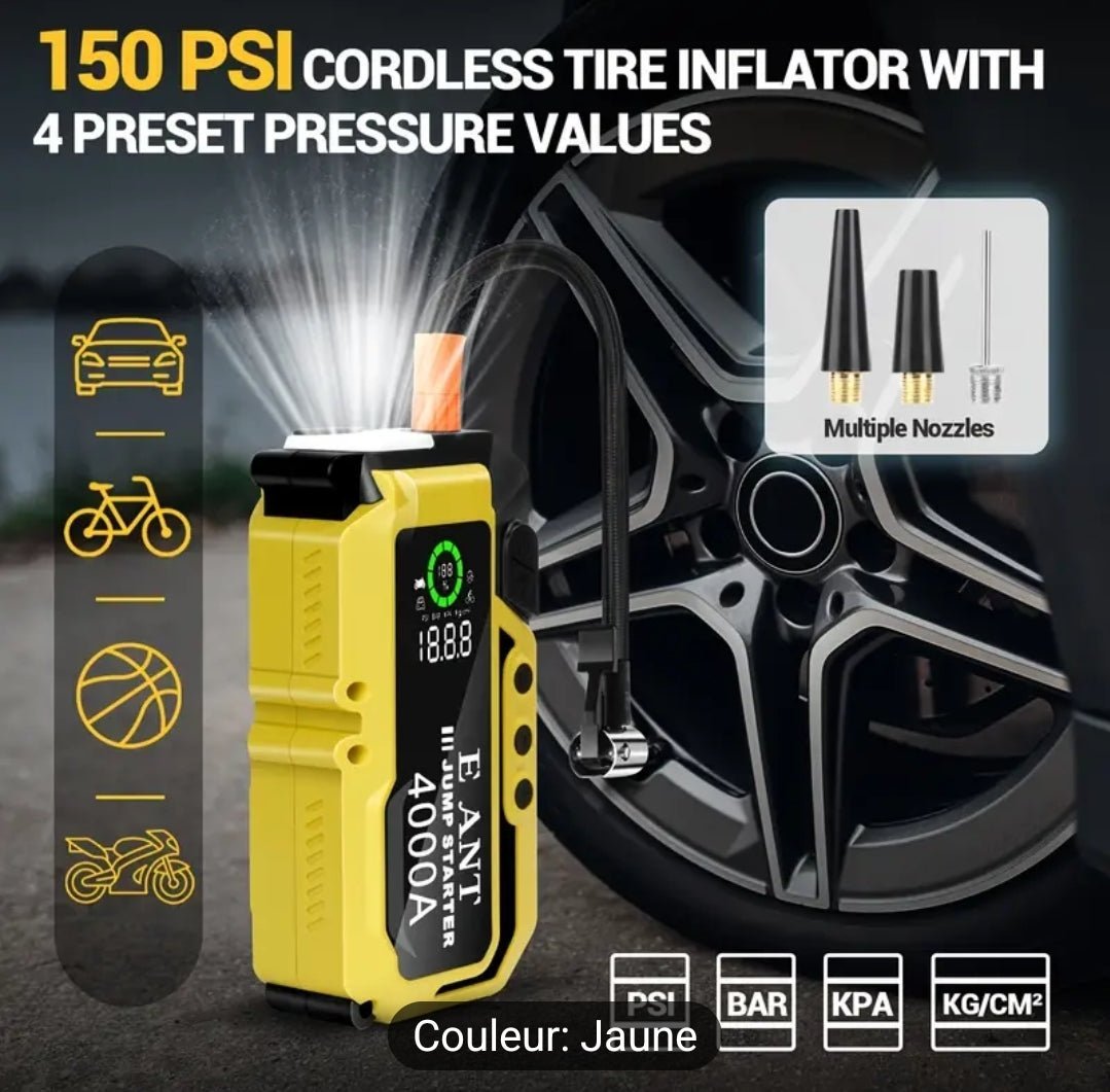Démarreur de voiture portable et gonfleur de pneus, 4000 A batteries de démarrage de secours avec compresseurs d'air, pour le moteur à essence jusqu'à 2.64 gallons et diesel 2.11 gallons, 12V lithium jump box jumper start avec câble de démarrage de sécuri - CarlastoreDémarreur de voiture portable et gonfleur de pneus, 4000 A batteries de démarrage de secours avec compresseurs d'air, pour le moteur à essence jusqu'à 2.64 gallons et diesel 2.11 gallons, 12V lithium jump box jumper start avec câble