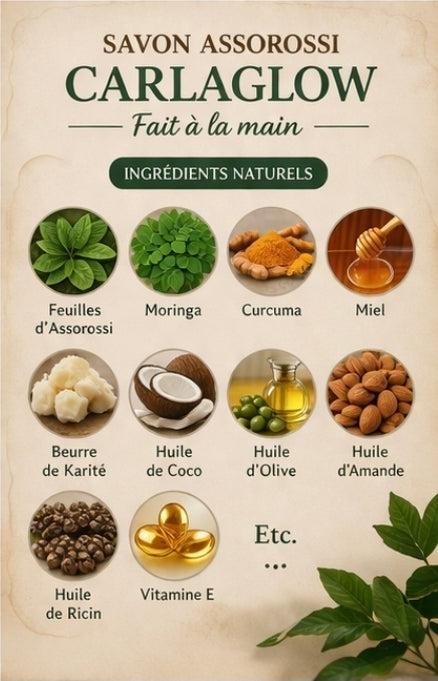 Savon Carlaglow Assorossi fait à la main, à base d’ingrédients naturels : feuilles d’assorossi, moringa, curcuma, miel, beurre de karité, huile de coco, olive, amande, ricin et vitamine E.
Nettoie, nourrit et illumine la peau en douceur