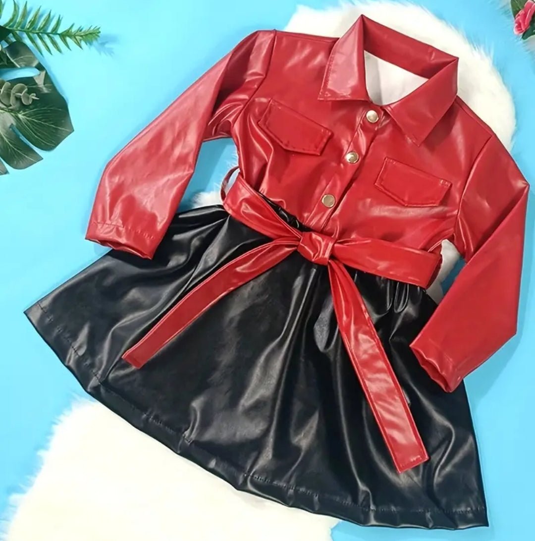 Robe en cuir d'unité central de bloc de couleur de revers de bouton de fille avec des vêtements d'enfants de ceinture - CarlastoreRobe en cuir d'unité central de bloc de couleur de revers de bouton de fille avec des vêtements d'enfants de ceintureCarlastoreCarlastore