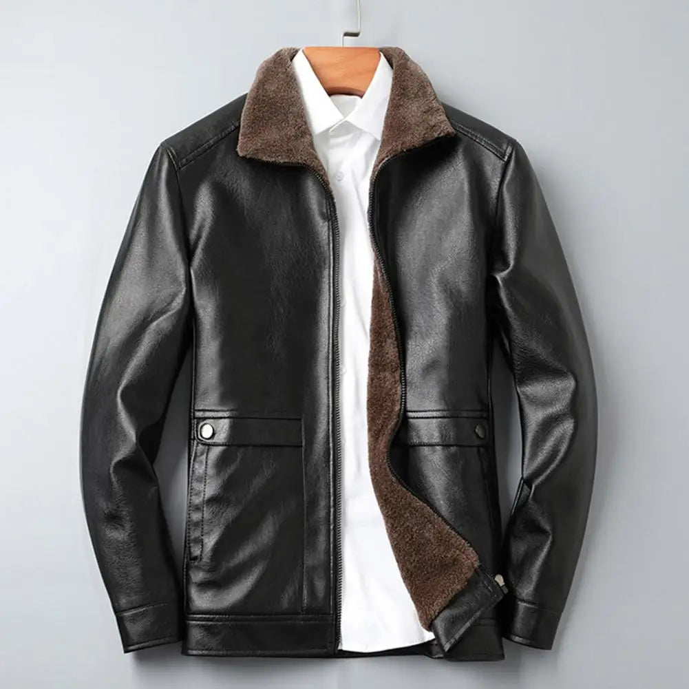 Vintage Leather Jacket Men's Winter Faux Fur Collar Windproof Warm Coat Men's Luxury Clothing Brand Plush Lining Biker Outerwear