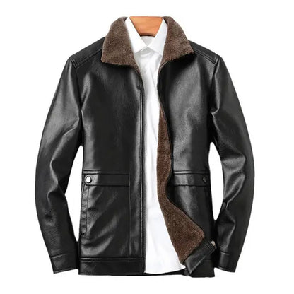 Vintage Leather Jacket Men's Winter Faux Fur Collar Windproof Warm Coat Men's Luxury Clothing Brand Plush Lining Biker Outerwear