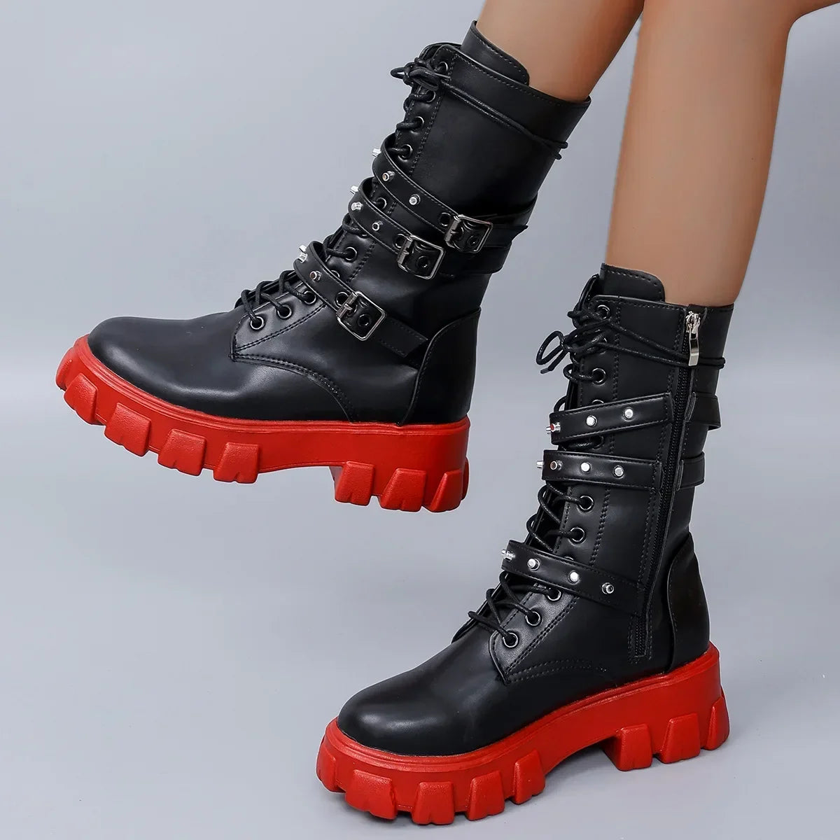 Luxury Brand Woman Boots  Winter New Pu Leather Platform Fashion Lace Up Punk Gothic Booties Casual Work Shoes botines mujer