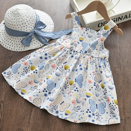 Baby Girls Printed Cotton Skirt Spring/Summer New Butterfly Print Strap Dress Gift Hat