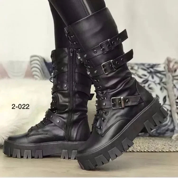 Luxury Brand Woman Boots  Winter New Pu Leather Platform Fashion Lace Up Punk Gothic Booties Casual Work Shoes botines mujer