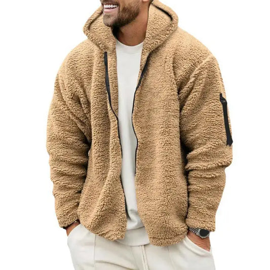 Men Fall Winter Coat Thick Plush Hooded Coat Zipper Closure Loose Cardigan Warm Cold Resistant Soft Men Jacket