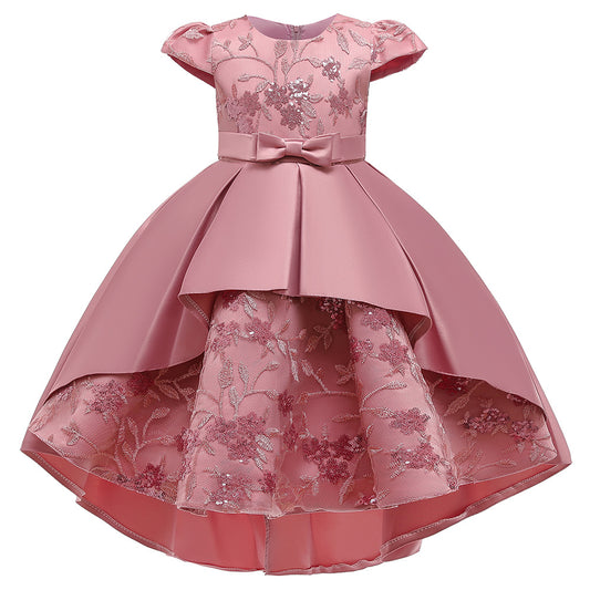 Popular Short Sleeves Wedding Applique Lace Long Kids Party Dress Princess Children Gowns Flower Girl Dresses