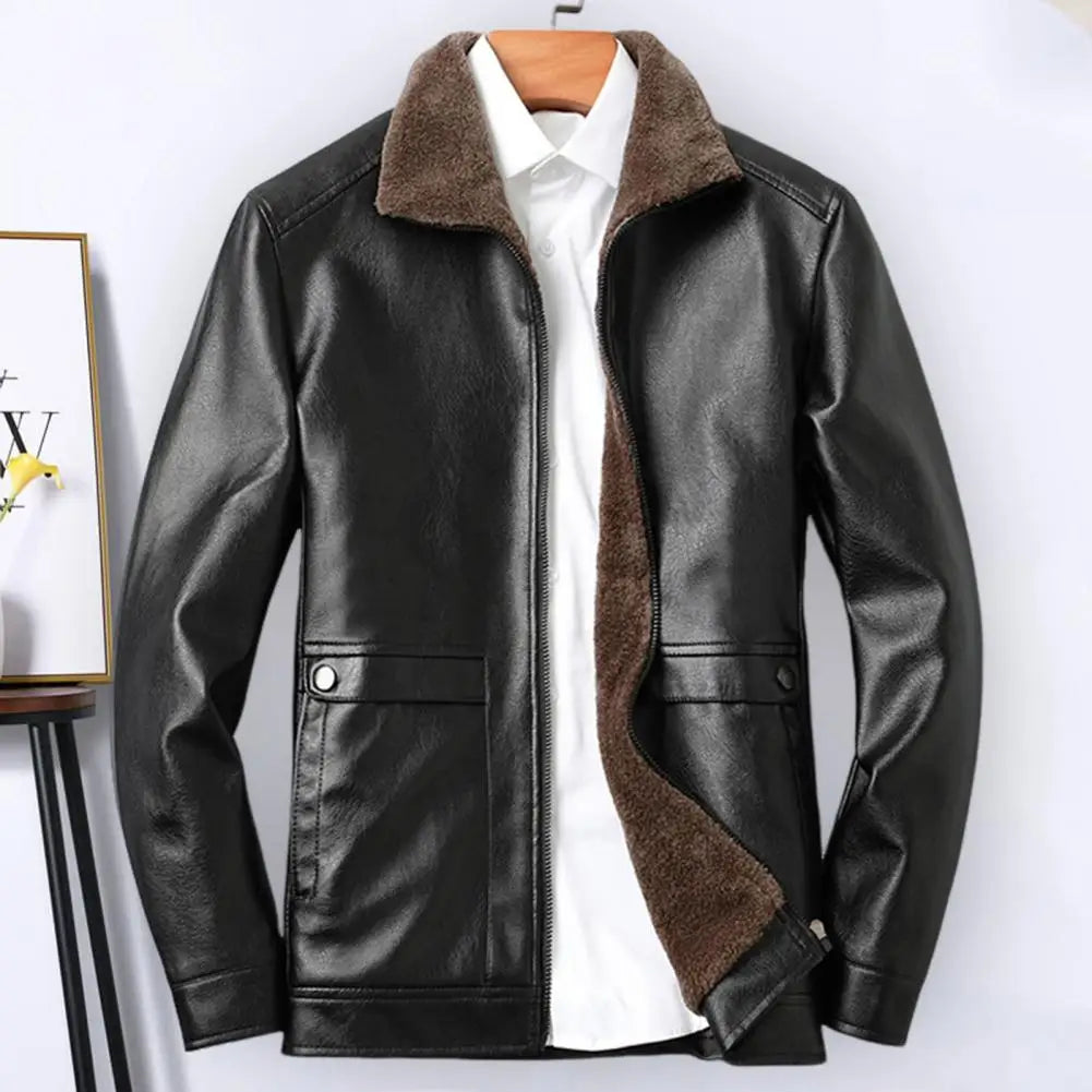 Vintage Leather Jacket Men's Winter Faux Fur Collar Windproof Warm Coat Men's Luxury Clothing Brand Plush Lining Biker Outerwear