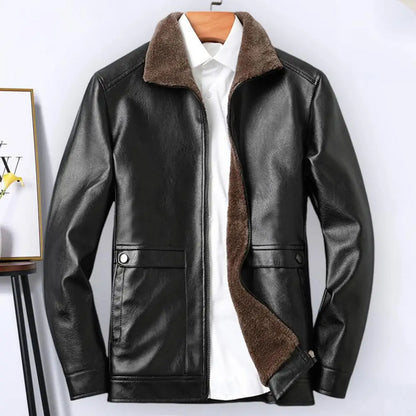 Vintage Leather Jacket Men's Winter Faux Fur Collar Windproof Warm Coat Men's Luxury Clothing Brand Plush Lining Biker Outerwear