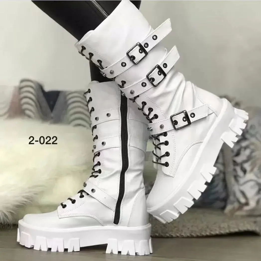 Luxury Brand Woman Boots  Winter New Pu Leather Platform Fashion Lace Up Punk Gothic Booties Casual Work Shoes botines mujer