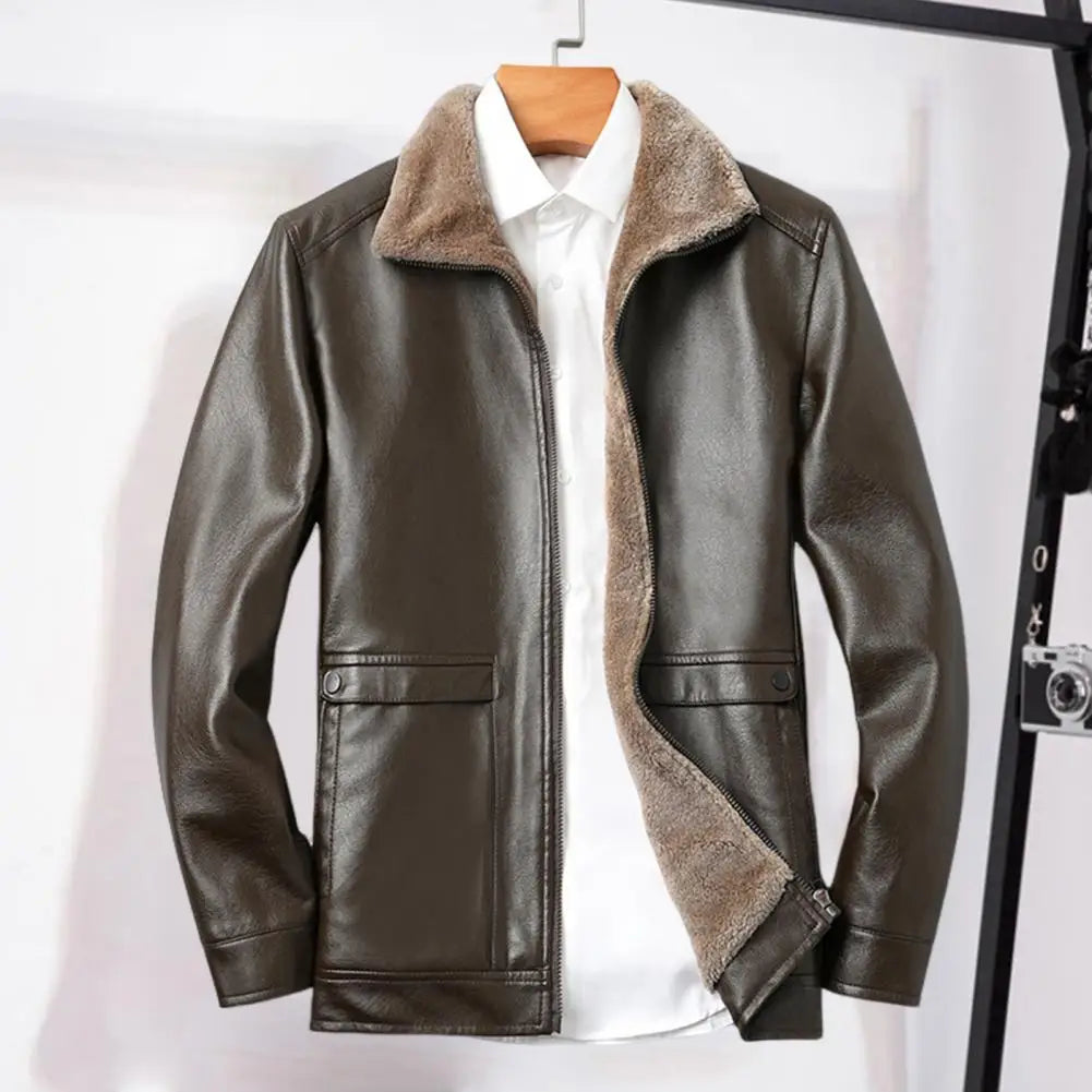 Vintage Leather Jacket Men's Winter Faux Fur Collar Windproof Warm Coat Men's Luxury Clothing Brand Plush Lining Biker Outerwear