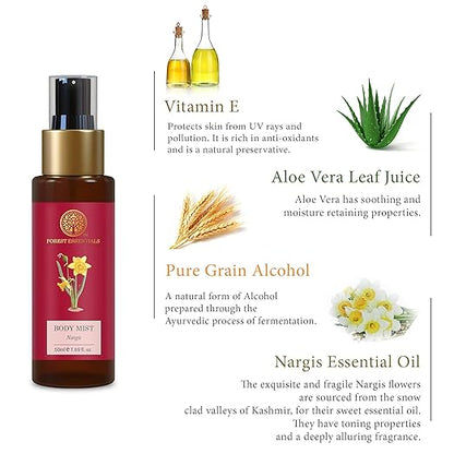 Forest Essentials Fragrant Body Mist Nargis | Aloe Vera juice infused Perfume Spray to keep Skin Scented & Hydrated Through the Day