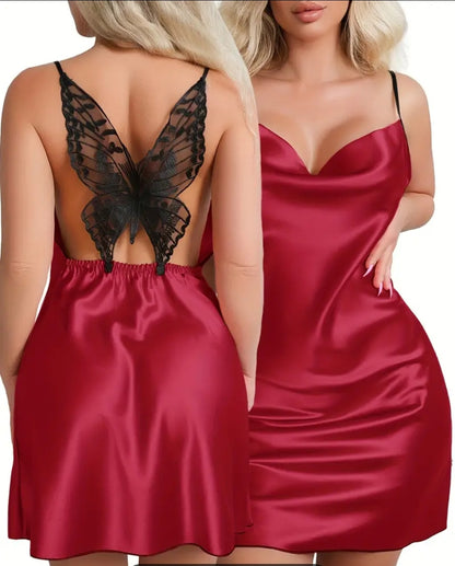 Robe de nuit sexy en satin uni avec dentelle papillons pour femme, robe dos nu à col roulé nuisette