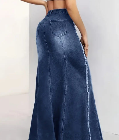 Jupe longue trompette en denim extensible et délavé bleu brut