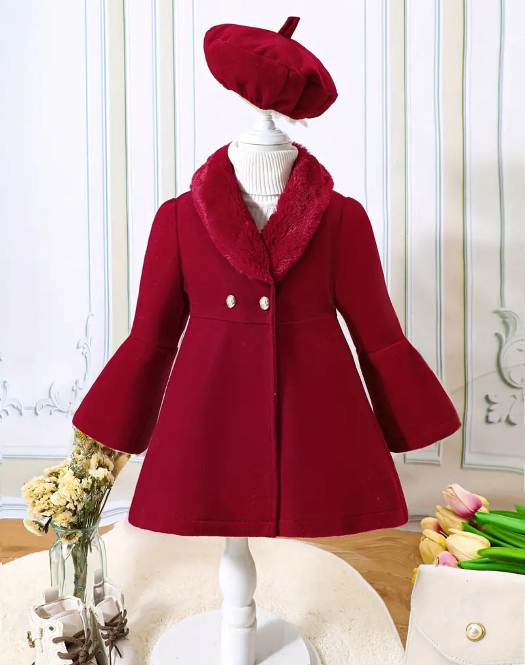 Manteau et béret tendance pour filles, manteau elegant avec manche évasées à boutons et le col en polaires, pour l'automne/hiver,soirée