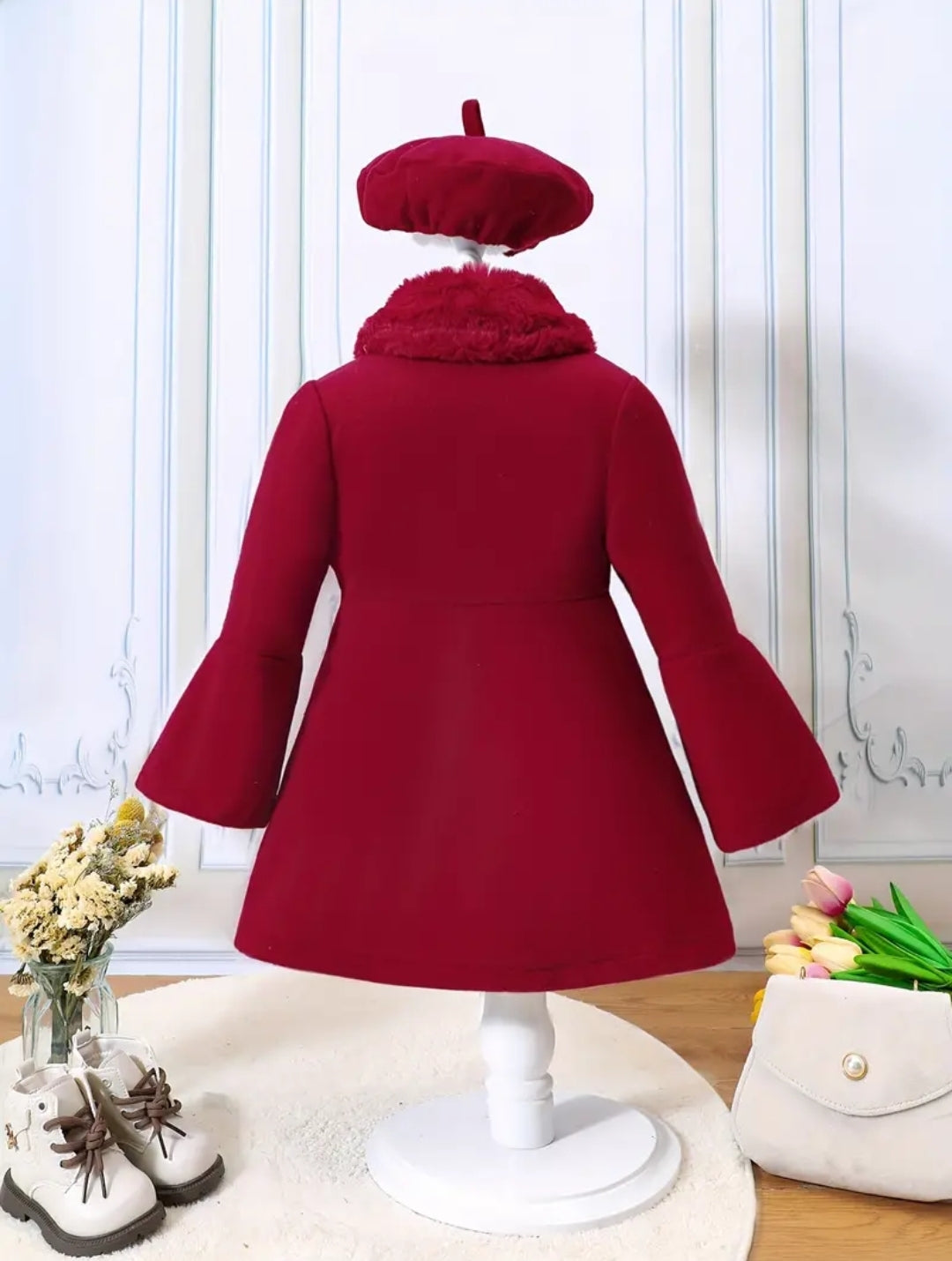 Manteau et béret tendance pour filles, manteau elegant avec manche évasées à boutons et le col en polaires, pour l'automne/hiver,soirée