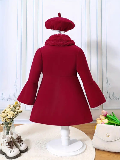 Manteau et béret tendance pour filles, manteau elegant avec manche évasées à boutons et le col en polaires, pour l'automne/hiver,soirée