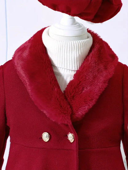 Manteau et béret tendance pour filles, manteau elegant avec manche évasées à boutons et le col en polaires, pour l'automne/hiver,soirée