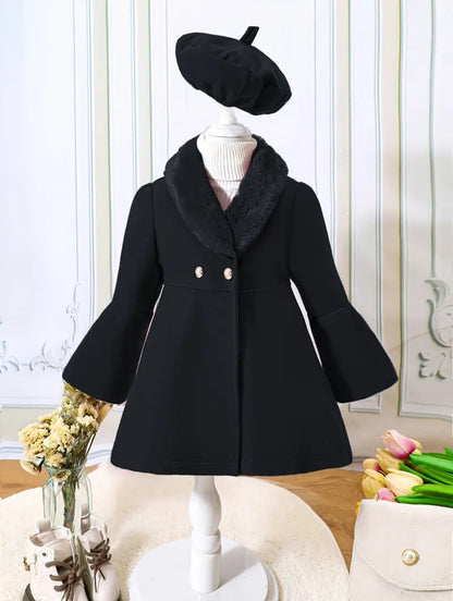 Manteau et béret tendance pour filles, manteau elegant avec manche évasées à boutons et le col en polaires, pour l'automne/hiver,soirée